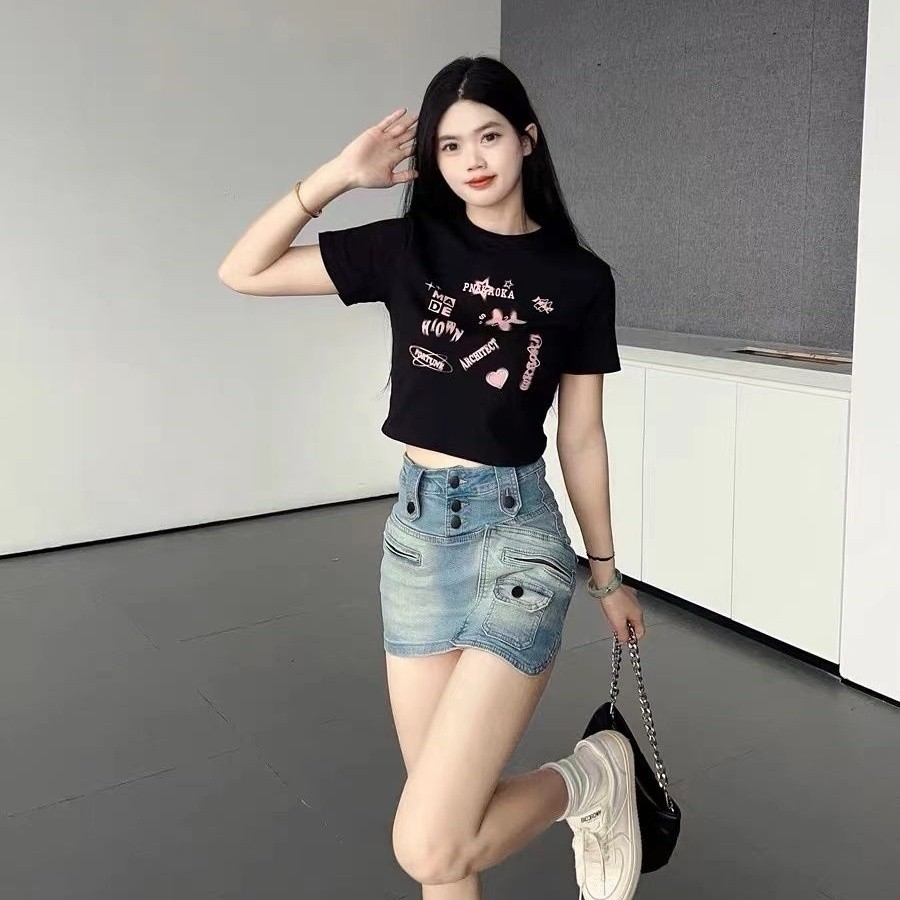 Áo thun Cotton ngắn tay nữ mùa hè ABG Hot Girl Niche Design Graffiti cạp cao rốn cổ chữ O ngắn