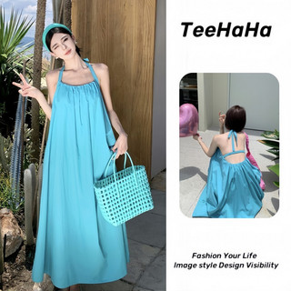 Váy 2 dây yếm Váy đi biển trễ vai Đầm maxi dáng dài Đầm dây kỳ nghỉ bên bờ biển Mùa hè 2024 Phong cách mới Du lịch Mặc váy đi biển