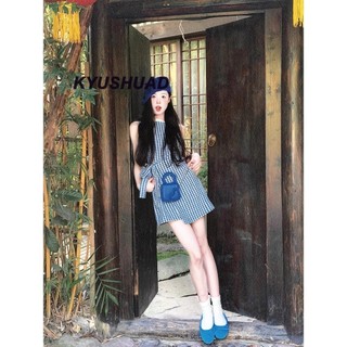 Váy không tay ca rô màu xanh chắp vá ren kiểu Pháp của KYUSHUAD Girl