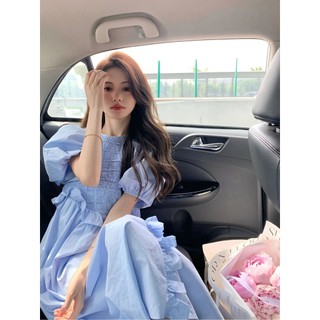 Váy Liền Phối Viền Bèo Tay Phồng Màu Xanh Váy Dài Mẫu Mới Mùa Hè Cho Nữ