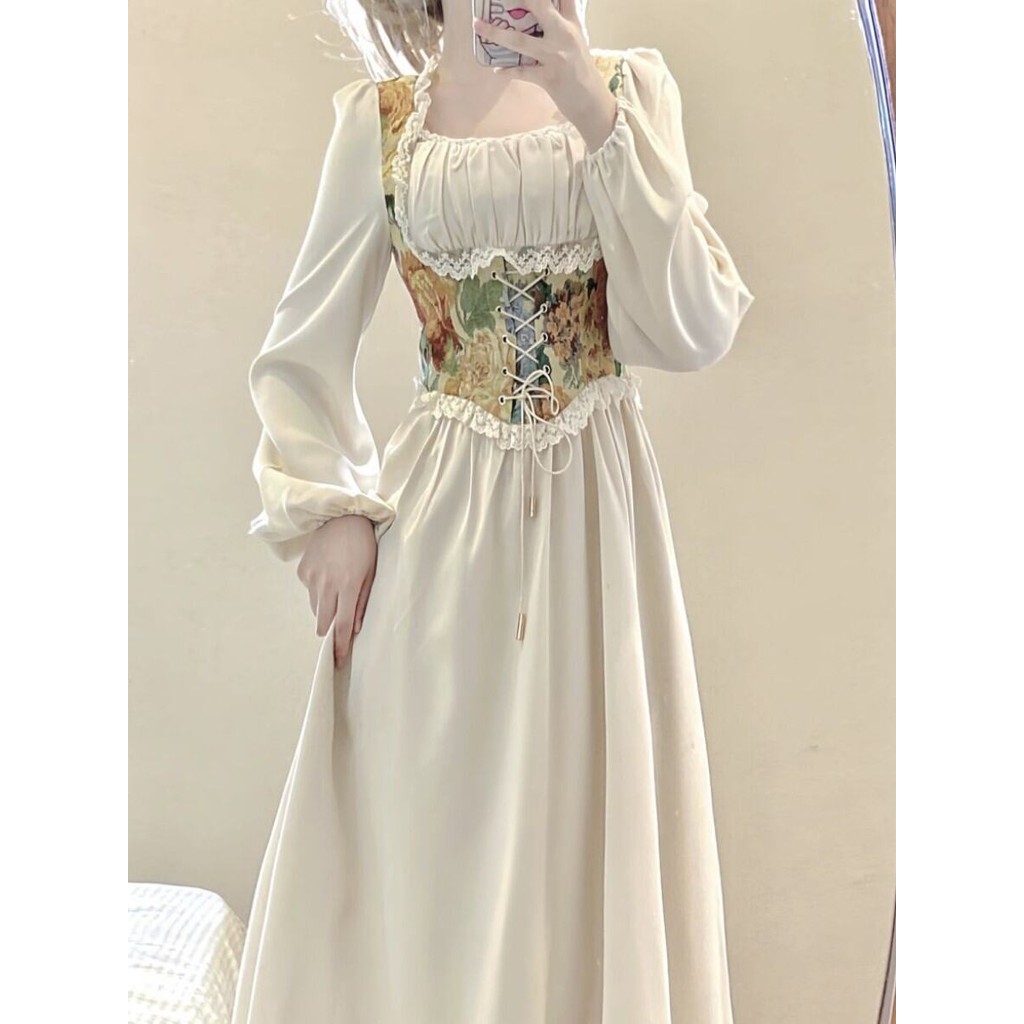 [* * *] Đầm dài tay phong cách Pháp cổ điển lưng cao dành cho nữ Xuân Thu, Váy chữ A thanh lịch và g