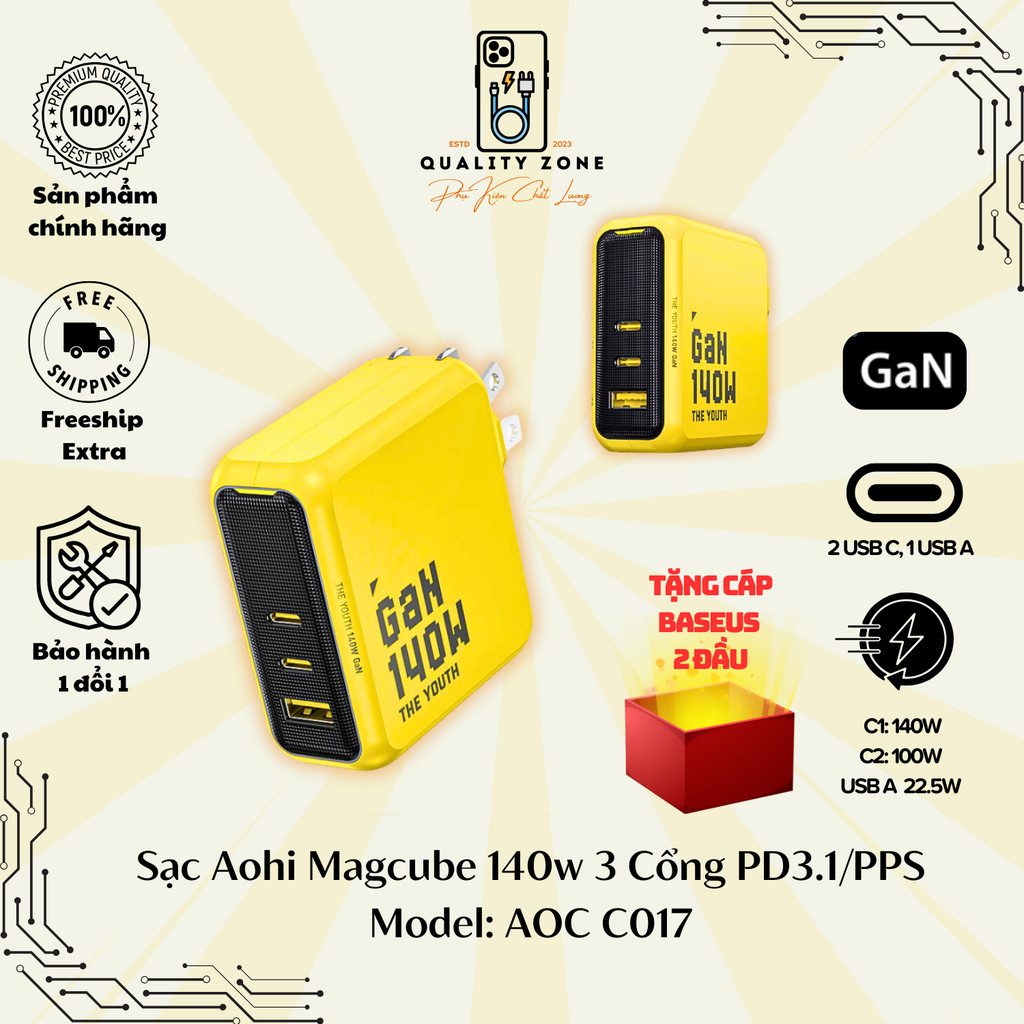 Sạc nhanh 140W Aohi Magcube 140W 3 Cổng PD3.1/PPS/IQ4+| Model AOC C017| Báo hành 12 tháng |