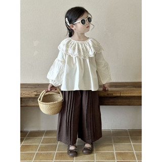 [Nhắm mắt vào] Quần áo trẻ em Hàn Quốc cho bé gái phù hợp với áo dài tay cho bé gái phù hợp với mùa thu Áo ren Mori trên cùng quần ống rộng hai mảnh quần áo mùa thu trẻ em 5