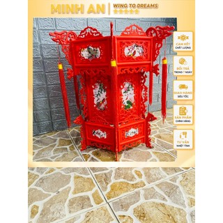  Đèn lồng nhựa giả gỗ lục giác 6 cạnh in hoa văn nhiều size MINH AN đèn lồng trang trí MÀU ĐỎ decor ngày lễ tết nhà mới 