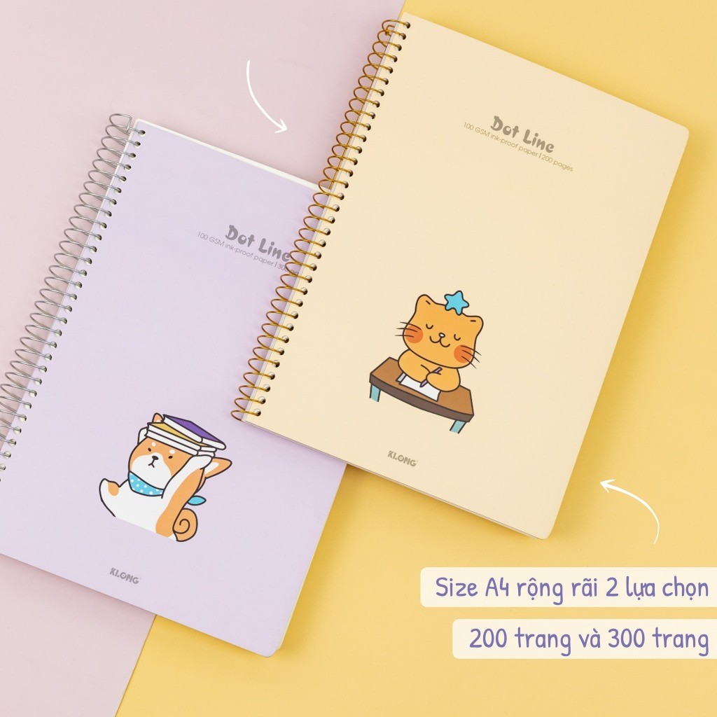 Sổ Dot Line lò xo đơn kẻ ngang nét liền có chấm mèo cute KLONG A4 200 trang MS 598