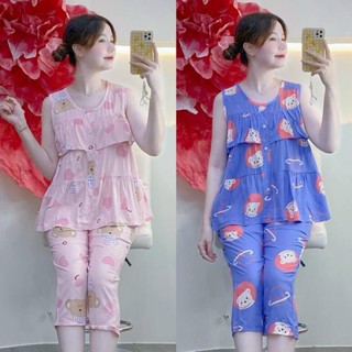 KA10-  MS01 Đồ Bộ Tole Lanh Nữ Mặc Nhà Áo Sát Cánh Phối Rèm Tầng Quần 7 Tấc Size 40-80kg Hoạ Tiết Hoa Hình Mát, Thoáng