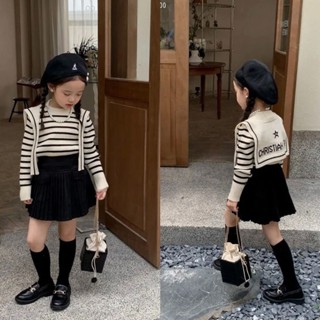 [Mặc mùa thu] Quần áo trẻ em Hàn Quốc cho bé gái dài tay phù hợp với phong cách Hàn Quốc mùa thu bé gái Khăn choàng sọc cho trẻ em áo len dệt kim phong cách phương Tây tất cả các Kết Hợp Váy xếp ly cho trẻ em hai mảnh 5