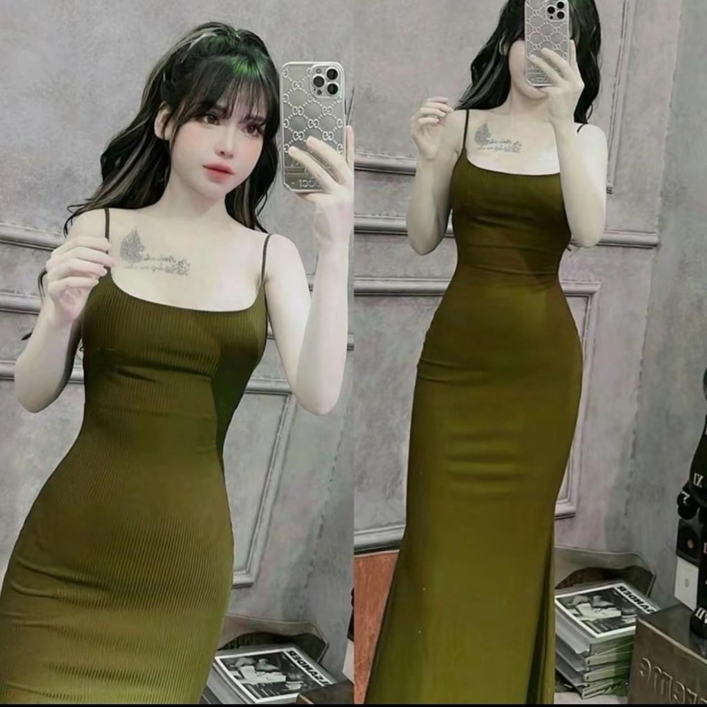 ￼Đầm body 2 dây dáng dài đuôi cá , Váy body nữ vải tăm lạnh Quảng Châu mềm mịn mát tôn dáng sexy mã hh04 | BigBuy360 - bigbuy360.vn