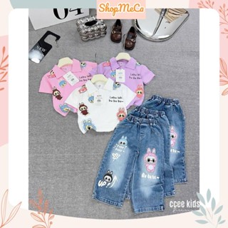 Set bộ bé gái CS524, # Set áo Labubu cổ bẻ quần jean dài