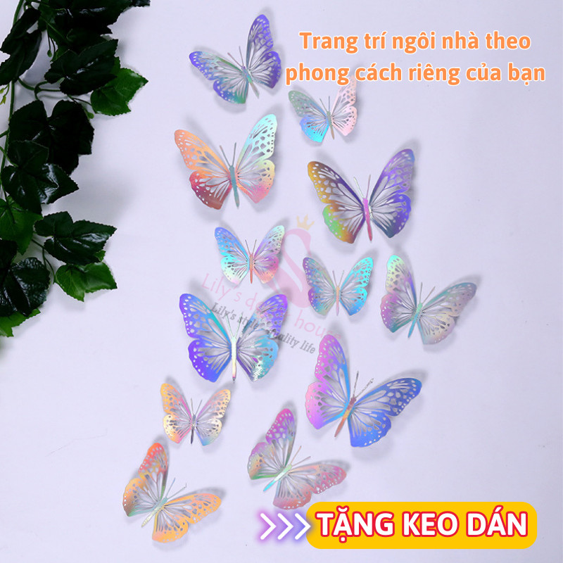 Set 12 Bướm Đa Sắc Dán Tường 3D Lily's decor house Màu Bạc Lấp Trang Trí Tiệc Phòng Khách Đính Tường
