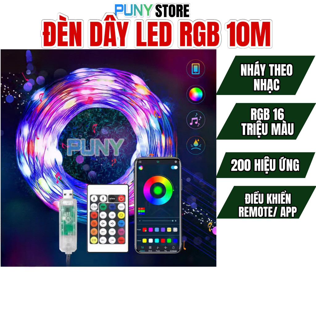 Đèn Dây Led TikTok RGB 10M 16 triệu màu Điều Khiển App Cảm Biến Âm Thanh Decor Phòng Ngủ, Phòng Khác