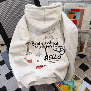 Áo hoodie nữ xám tiêu Hello Kitty mùa đông cổ tròn form rộng local brand Salmo áo nỉ dài tay hàn quốc