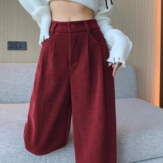 Quần ỐNg RộNg nhung xếp nếp cạp cao mẫu mới mùa thu đông Jiashucheng quần dài ống thẳng tôn dáng cho nữ quần thường ngày nhung kẻ
