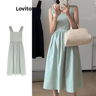 Đầm Lovito xếp nếp màu trơn phong cách thường ngày cho nữ LNE51171