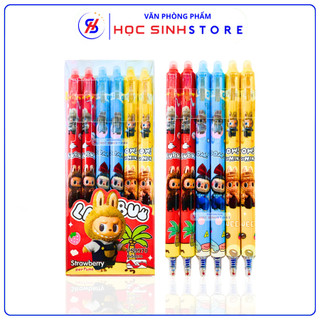  Hộp 12 Cây Bút Bi Bấm Xóa Được Ngòi Nhỏ 0.5mm Họa Tiết Hình Thỏ Labubu Dễ Thương - Mực Xanh Tím  Giao mẫu ngẫu nhiên  