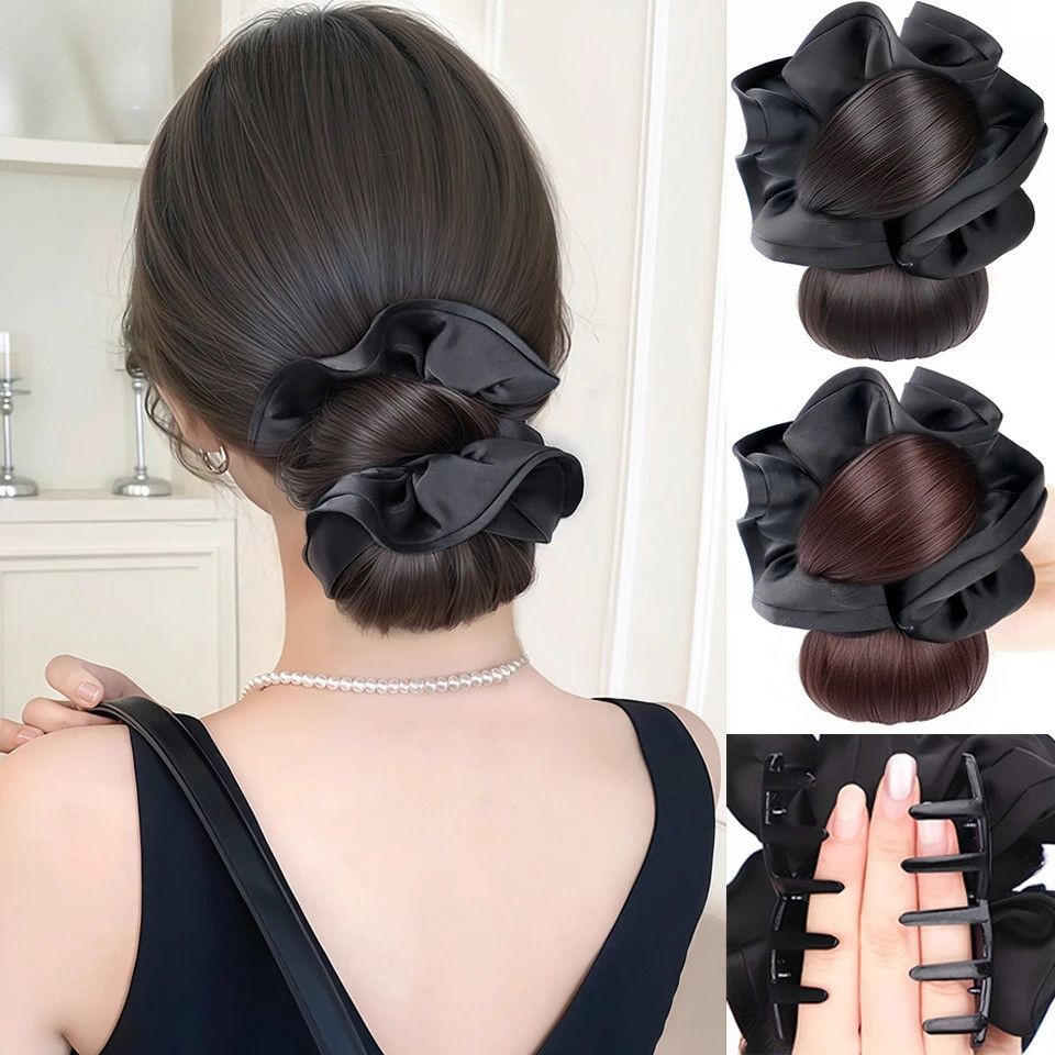Bộ tóc giả có kẹp - Tóc đuôi ngựa thấp và Bun updo hoa vàng, tự nhiên cho phần sau đầu