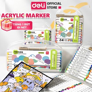   HỌA CỤ DELI  Bút Sơn Acrylic Marker Cao Cấp Deli - 12 24 36 48 Màu Tặng Bút Đi Nét Vẽ Viết Trên Nhiều Chất Liệu 