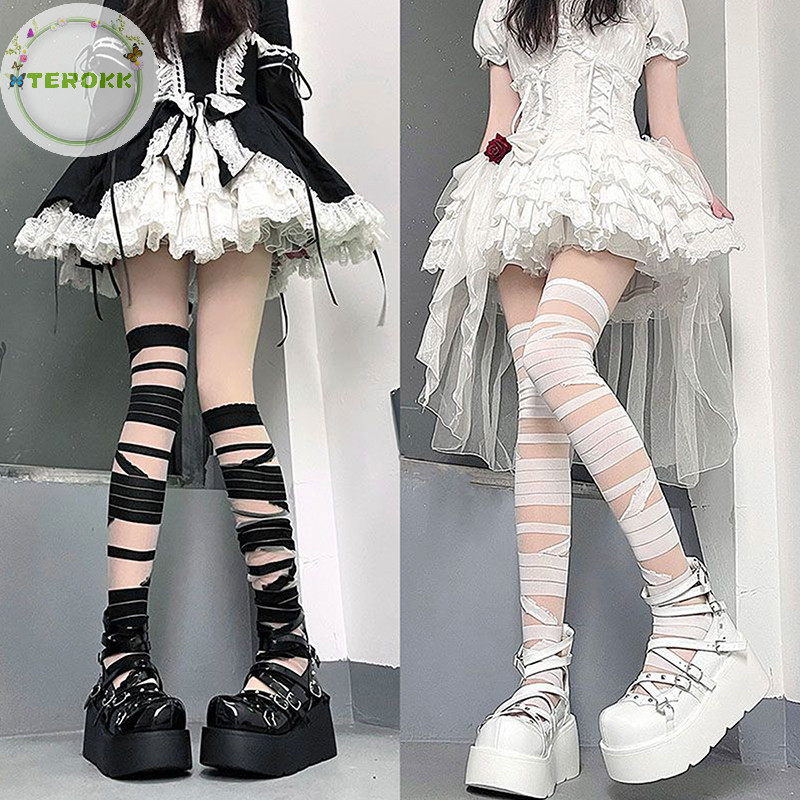 Terokk Nữ Sọc Dài Vớ Nữ Nhật Bản Gothic Jk Y2k Gợi Cảm Mùa Hè Đeo Chéo Dài Ống Dài Vớ Trắng VN