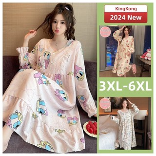  Plus Size Váy Ngủ 3XL-6XL Bộ Đồ Ngủ Nữ Cotton Thu Đông Nữ Tay Dài Có Miếng Lót Ngực Bộ Đồ Ngủ Váy Hoạt Hình Dễ Thương Có Đệm Mặc Nhà 