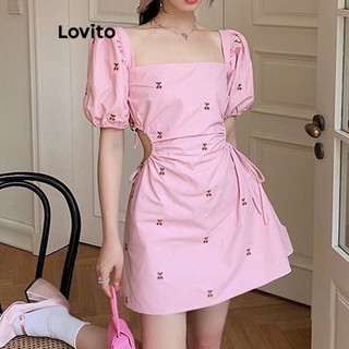 Đầm Lovito tay phồng cắt xẻ buộc dây màu trơn thường ngày cho nữ L61AD127 (Màu hồng/ đen)