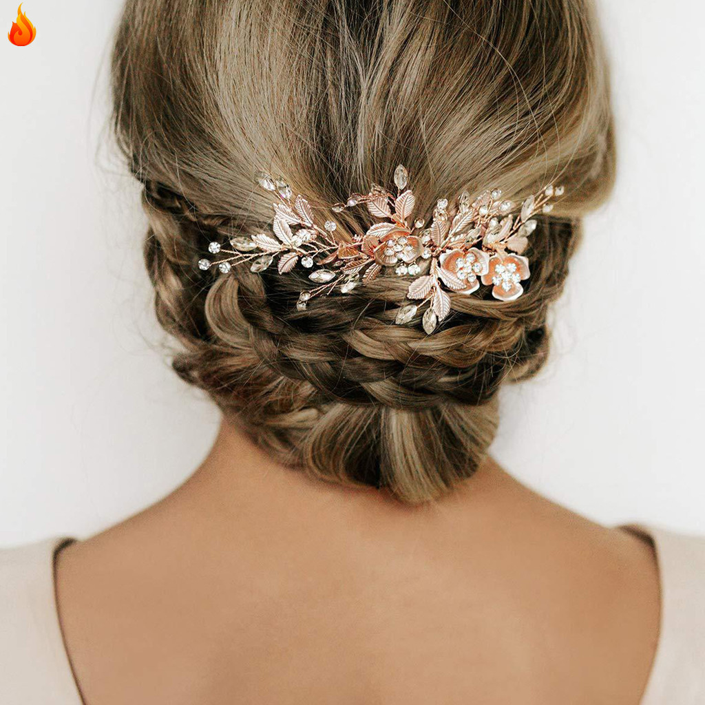 [Lky] Kẹp Cưới Kim Cương Giả Tóc Lược Barrette Hoa Cô Dâu Lược Barrette Handmade Kẹp Hoa Đầu Miếng D