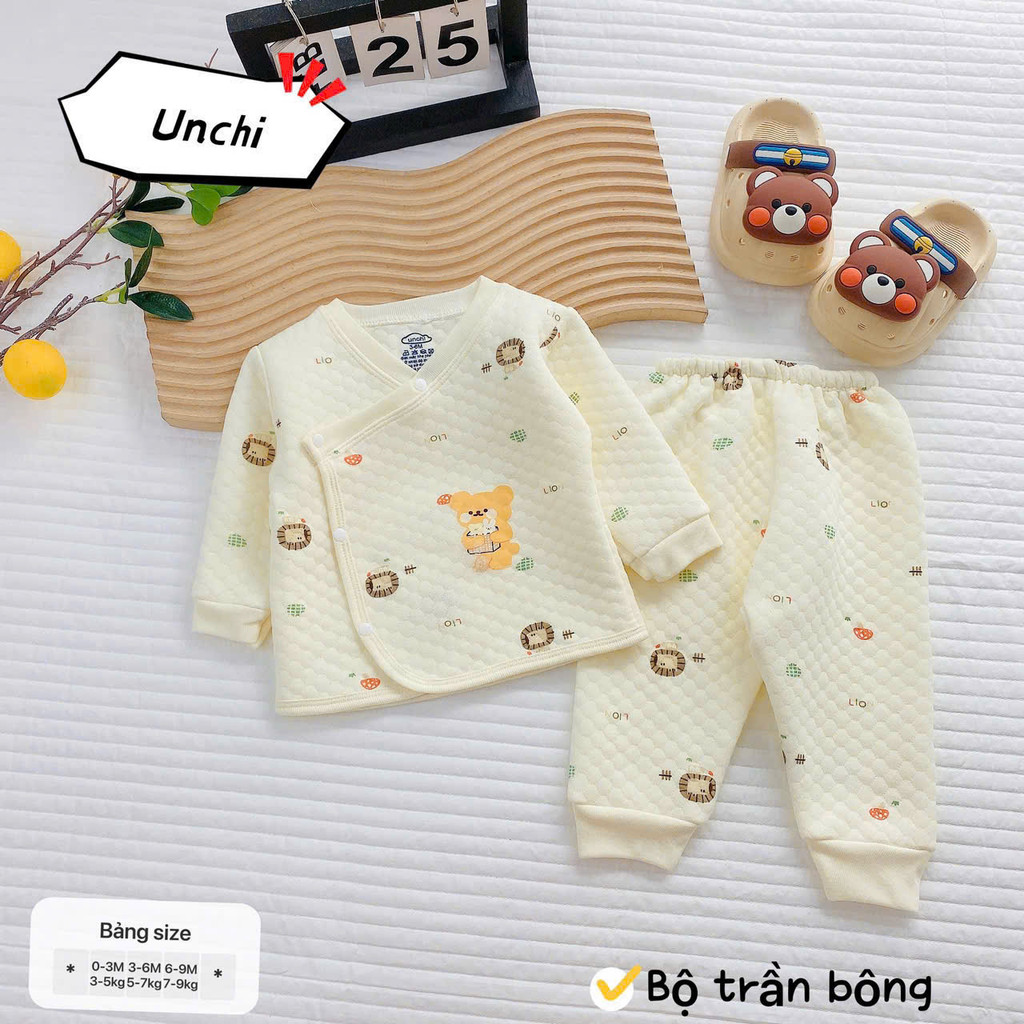 Bộ dài tay trần bông in hoạ tiết Unchi chất liệu chần bông mềm mịn ấm áp giữ nhiệt cho bé