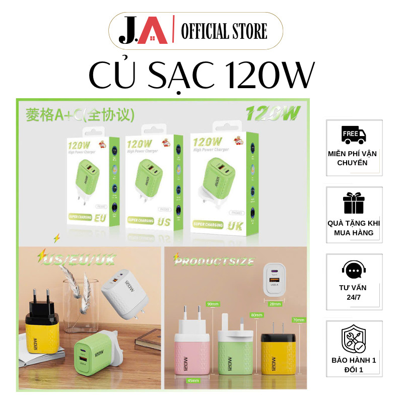 Củ Sạc Nhanh Đa Cổng 1 Cổng USB và 1 Cổng Type C Dành Cho ĐT iOS, Type C, Bộ Sạc Nhanh, Cốc Sạc Nhan