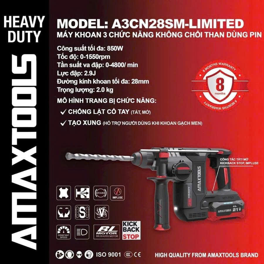 Máy khoan bê tông 3 chức năng dùng pin Amaxtools A3CN28SM-LIMITED (chưa bao gồm pin sạc)