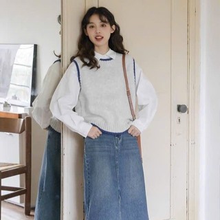 [ HÀNG SẴN] Áo len gile nữ cổ tròn màu xám viền xanh navy phong cách hàn quốc