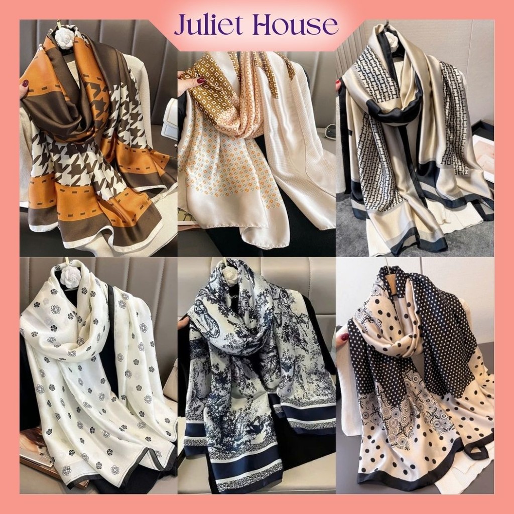 Khăn Choàng Lụa Bóng, Khăn Lụa Dáng Dài KT 180x90cm Họa Tiết Thanh Lịch Sang Chảnh Cao Cấp JULIET HOUSE