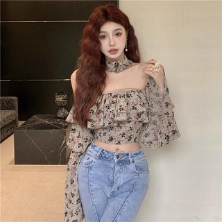 Áo Sơ Mi Hoa Nhí Viền Bèo Kiểu Pháp Áo Sơ Mi Voan Trễ Vai Mùa Xuân Mẫu Mới Năm Cho Nữ Áo Dáng Ngắn Dài Tay