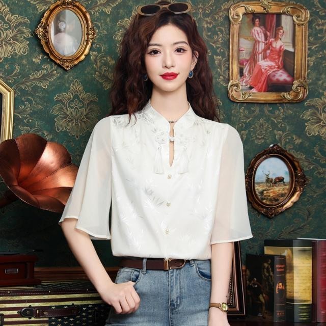 2024 Phong Cách Mới Phong Cách Trung Hoa Nhẹ Phong Cách Trung Hoa Áo Sơ Mi Voan Tay Ngắn Nữ Áo Sơ Mi Nhỏ Satin Top