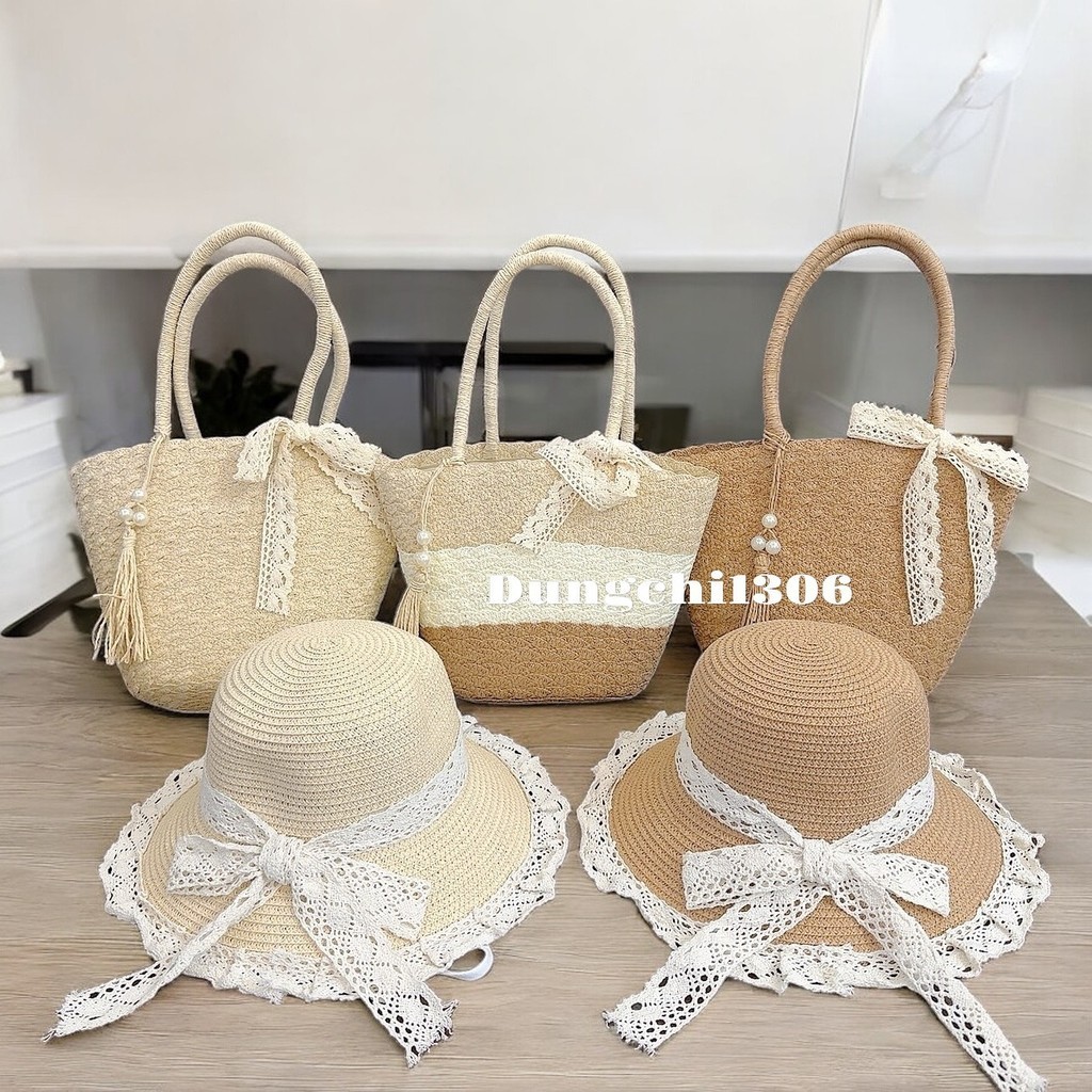 Set túi mũ cói tua rua mix ngọc nơ ren đi biển đi chơi đều xinh