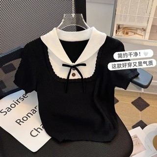 Polo Cổ Băng Lụa Đan Áo Thun Nữ Tay Ngắn Mùa Hè 2024 Phong Cách Mới Mỏng Hơn Nhìn Top Đen Mùa Xuân Nhỏ