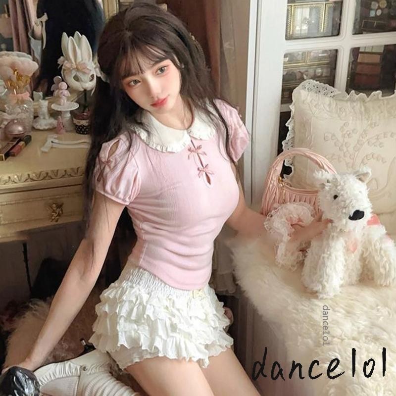 Dance1o1-nữ Nơ Dễ Thương Rỗng Áo Tay Ngắn Thường Ngày