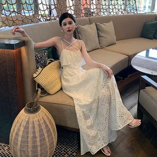 Váy Hai Dây Màu Trắng Tươi Mát Nghỉ Dưỡng Ren Thời Trang Váy Dài Một Mảnh Mỏng