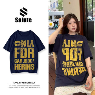 SALUTE Áo phông nữ Xanh đậm form rộng xu hướng Mỹ áo thun thư in hình girl phố 100% cotton local brand Y1631