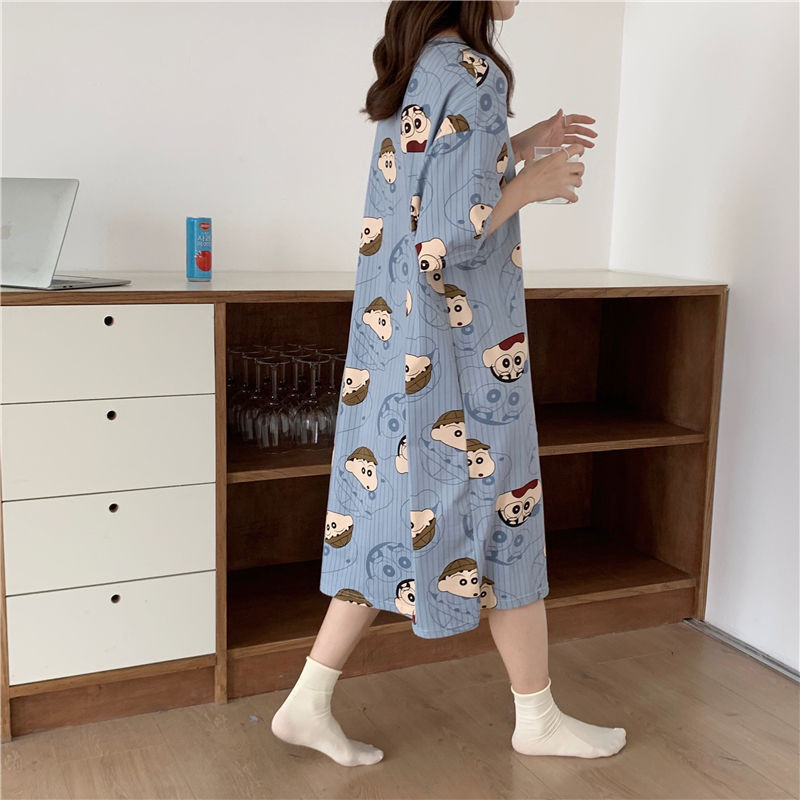 Váy ngủ cộc tay đầm ngủ dáng suông chất cotton mềm mát họa tiết hoạt hình dễ thương P3-H