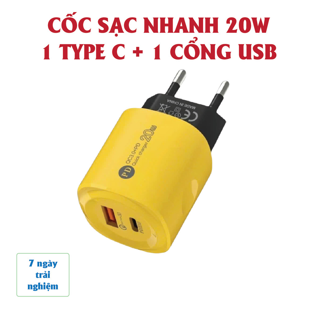 Cốc sạc nhanh 2 cổng gồm: 1 cổng Type C + 1 cổng USB – Củ sạc nhanh 2 in 1 - Cáp sạc nhanh 4 in 1, D