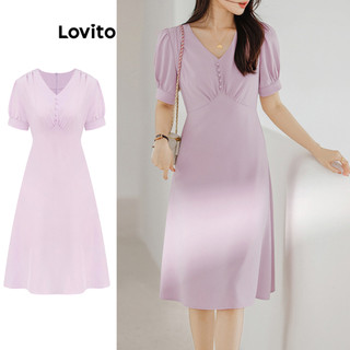 Đầm Lovito xếp ly cài nút màu trơn phong cách thường ngày cho nữ L96MD026