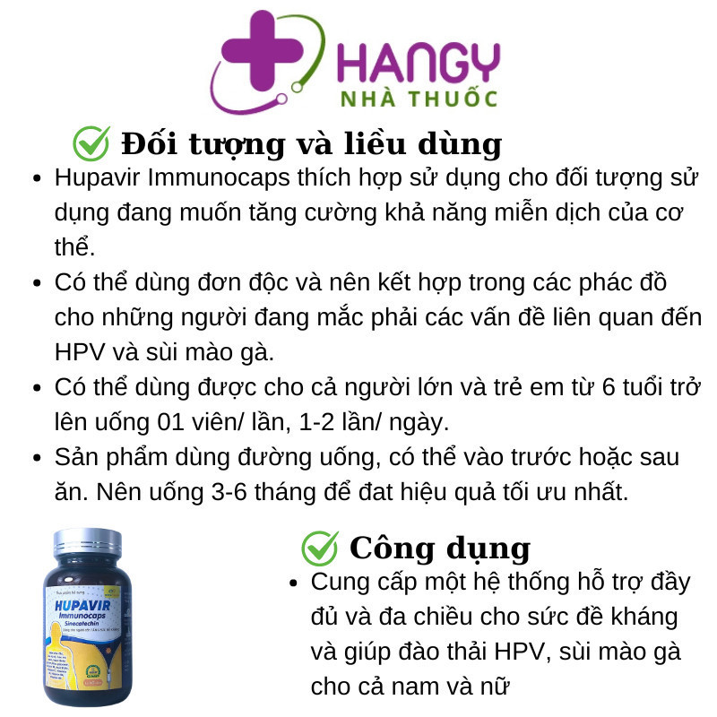 Viên uống tăng sức đề kháng và đào thải HPV, sùi mào gà cho nam và nữ Hupavir Immunocaps (60 viên) - Hangy