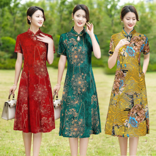  Sườn Xám Mẫu Mới Có Túi thoáng khí mát mẻ thoải mái cách tân sườn xám váy liền quần áo phụ nữ trung niên size lớn cho mẹ 