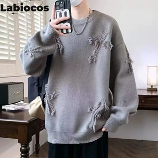 Labiocos Áo len nam retro đường phố màu trơn đa năng rách thô thiết kế cạnh dáng rộng áo len thông thường