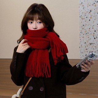 Mùa Đông Mới Hàn Quốc Nữ Đỏ Đa Năng Dày Ấm Tua Rua Màu Trơn Giả Cashmere Khăn Dệt Kim