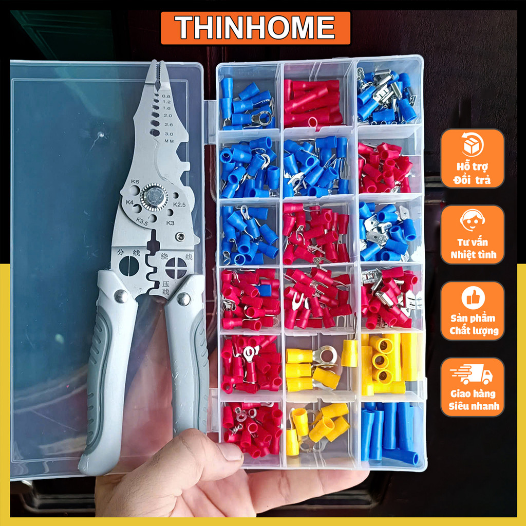 Bộ Kìm Cos Đa Năng 15 in 1 Kèm Hộp 300 Đầu Cos - Kìm Tuốt Dây, Bấm Cos Chuyên Dụng Đấu Nối Điện Shop ThinHome