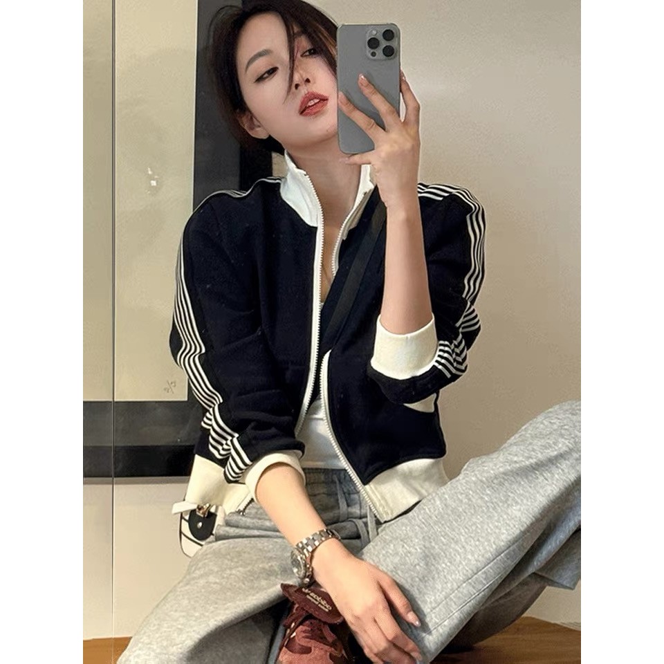  Mùa Thu Hot Girl đường phố kiểu Mỹ giản dị mẫu ngắn thời trang dây kéo dài tay áo khoác nữ 