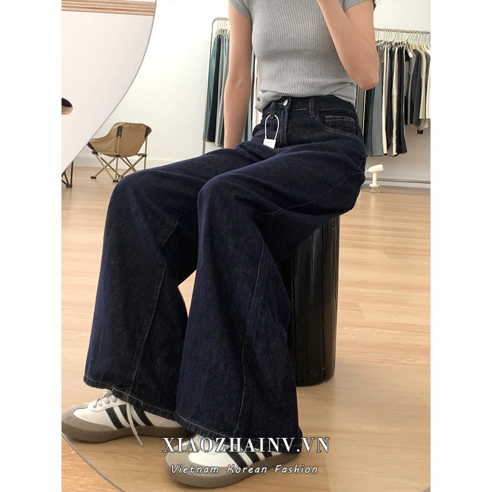 Xiaozhainv Quần jean ống rộng lưng cao đa năng kiểu Hàn Quốc, quần lót sàn nữ