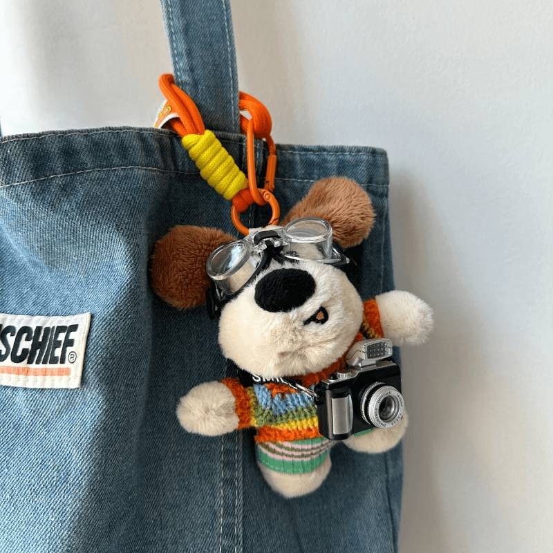KAKA Flash Camera Bear Pendant Bag Hanging Plush Doll Glasses Dog Doll Couple Keychain Gift IAJs
