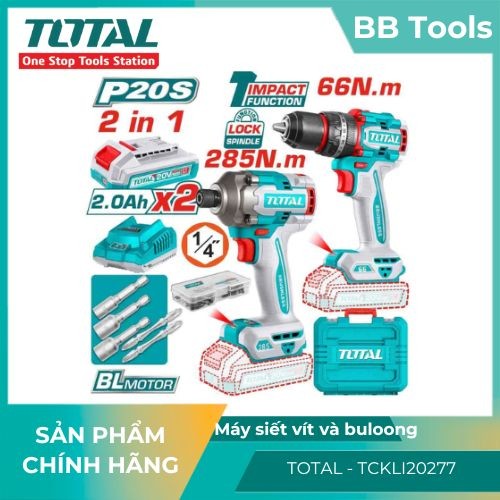 Máy khoan búa 66Nm và vặn vít 285Nm không chổi than dùng pin 20V, 47 phụ kiện total - TCKLI20277