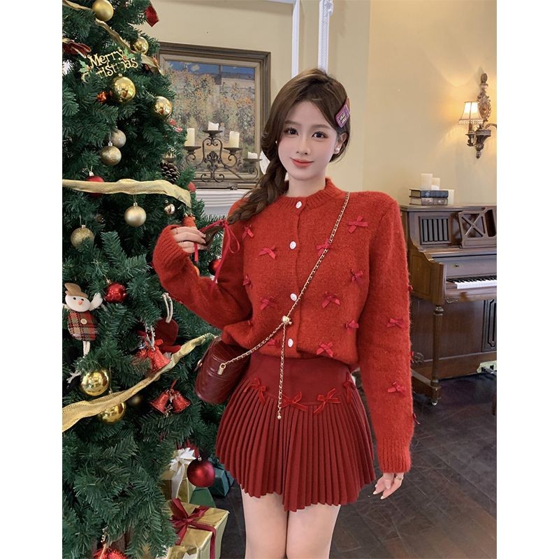 Áo Khoác Cardigan Dệt Kim Nơ Đỏ Mùa Thu Đông Mẫu Mới Phong Cách Hàn Quốc Thời Trang Ngọt Ngào Áo Len